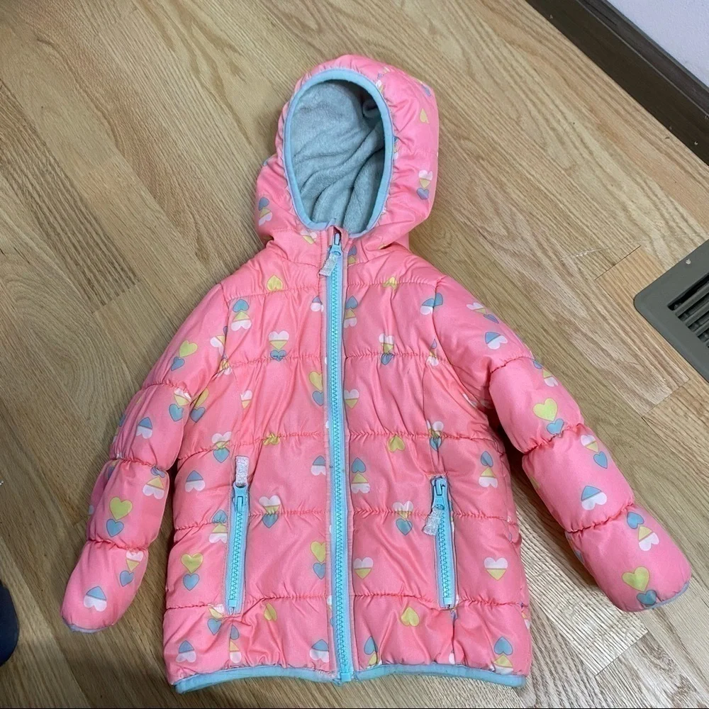 Carter’s Pink Puffer Coat Jacket Heart Print Hooded Full Zip 24 months Girls